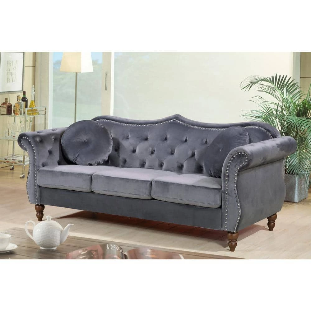 Bellbrook 79.5 in. Grey Velvet 3-Seater Camelback Sofa with Nailheads by US Pride Furniture 4 Bellbrook 79.5 in. Grey Velvet 3-Seater Camelback Sofa with Nailheads by US Pride Furniture - Image 2