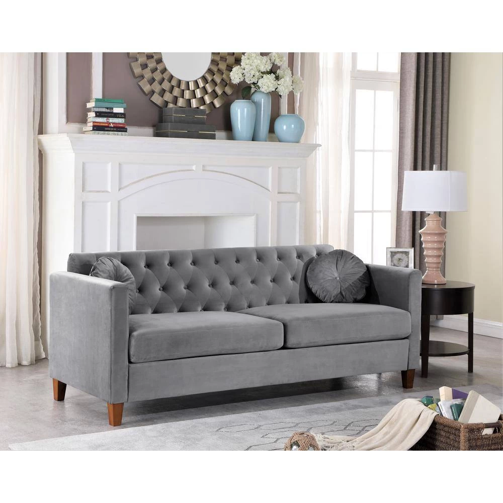 Lory 79.5 in. Grey Velvet 3-Seats Lawson Sofa with Square Arms by US Pride Furniture 4 Lory 79.5 in. Grey Velvet 3-Seats Lawson Sofa with Square Arms by US Pride Furniture - Image 2