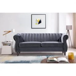Louis 76.4 in. W Round Arm Velvet 3-Seats Straight Chesterfield Sofa with Nailheads in Gray by US Pride Furniture -US Pride Furniture Shop grey us pride furniture sofas couches s5646 s h2 31 1000