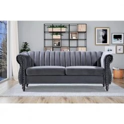 Louis 76.4 in. W Round Arm Velvet 3-Seats Straight Chesterfield Sofa with Nailheads in Gray by US Pride Furniture -US Pride Furniture Shop grey us pride furniture sofas couches s5646 s h2 4f 1000