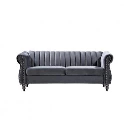 Louis 76.4 in. W Round Arm Velvet 3-Seats Straight Chesterfield Sofa with Nailheads in Gray by US Pride Furniture