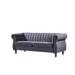 Louis 76.4 in. W Round Arm Velvet 3-Seats Straight Chesterfield Sofa with Nailheads in Gray by US Pride Furniture -US Pride Furniture Shop grey us pride furniture sofas couches s5646 s h2 c3 1000
