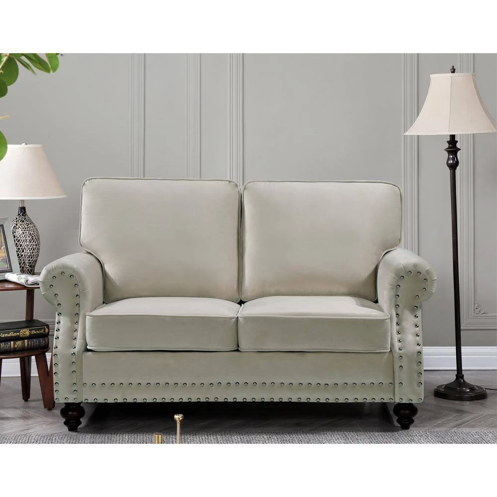 Ramos 61 in. W Ivory Round Arm 2-Seats Velvet Nailhead Straight Lawson Sofa by US Pride Furniture 5 Ramos 61 in. W Ivory Round Arm 2-Seats Velvet Nailhead Straight Lawson Sofa by US Pride Furniture - Image 3