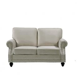 Ramos 61 in. W Ivory Round Arm 2-Seats Velvet Nailhead Straight Lawson Sofa by US Pride Furniture