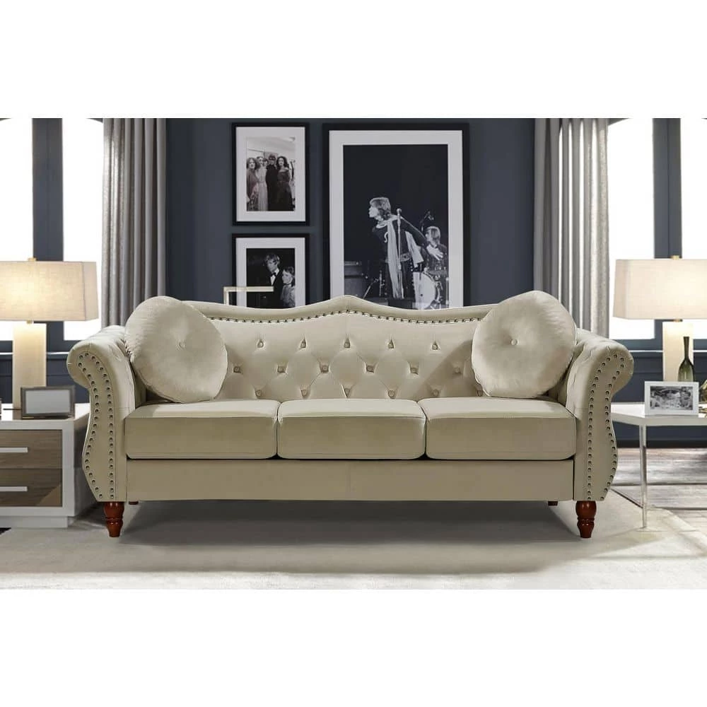 Bellbrook 79.5 in. W Square Arm Velvet 3-Seats Straight Camelback Sofa with Nailheads in Beige by US Pride Furniture 6 Bellbrook 79.5 in. W Square Arm Velvet 3-Seats Straight Camelback Sofa with Nailheads in Beige by US Pride Furniture - Image 4