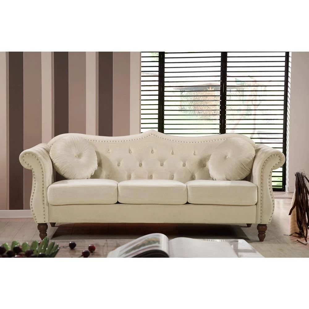 Bellbrook 79.5 in. W Square Arm Velvet 3-Seats Straight Camelback Sofa with Nailheads in Beige by US Pride Furniture 5 Bellbrook 79.5 in. W Square Arm Velvet 3-Seats Straight Camelback Sofa with Nailheads in Beige by US Pride Furniture - Image 3