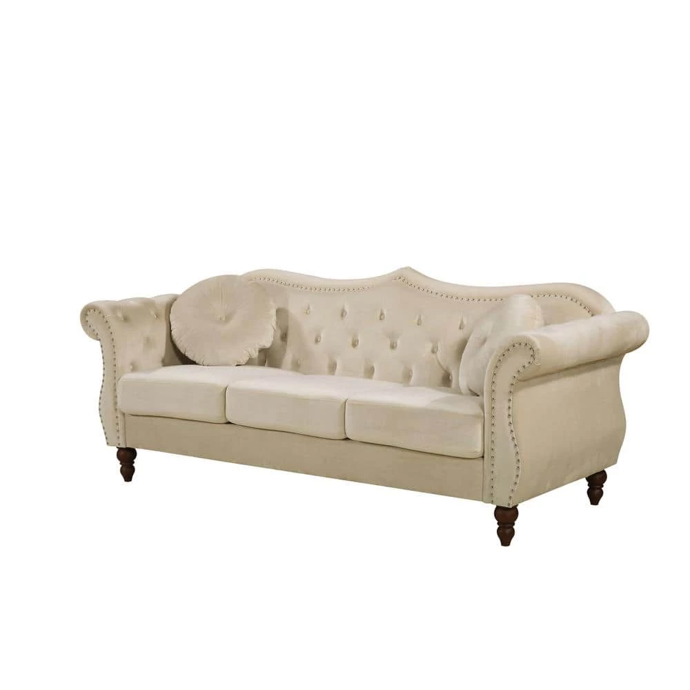 Bellbrook 79.5 in. W Square Arm Velvet 3-Seats Straight Camelback Sofa with Nailheads in Beige by US Pride Furniture 3 Bellbrook 79.5 in. W Square Arm Velvet 3-Seats Straight Camelback Sofa with Nailheads in Beige by US Pride Furniture