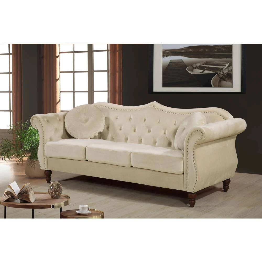 Bellbrook 79.5 in. W Square Arm Velvet 3-Seats Straight Camelback Sofa with Nailheads in Beige by US Pride Furniture 4 Bellbrook 79.5 in. W Square Arm Velvet 3-Seats Straight Camelback Sofa with Nailheads in Beige by US Pride Furniture - Image 2