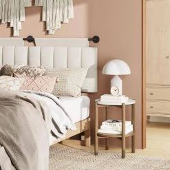 Tucker 18" Light Brown Wood Round Rubberwood Sofa End Table with Marble Top for Living Room or Bedroom by Nathan James -US Pride Furniture Shop light brown nathan james end side tables 35101 31 1000