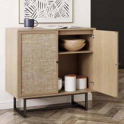 Kova Light Oak/Black Accent Cabinet Natural Cane Rattan Doors with Black Metal Base and Adjustable Shelf by Nathan James -US Pride Furniture Shop light oak black nathan james sideboards buffet tables 71301 1f 1000