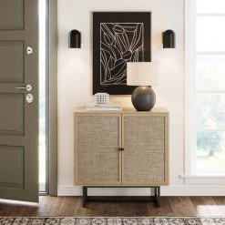 Kova Light Oak/Black Accent Cabinet Natural Cane Rattan Doors with Black Metal Base and Adjustable Shelf by Nathan James -US Pride Furniture Shop light oak black nathan james sideboards buffet tables 71301 31 1000