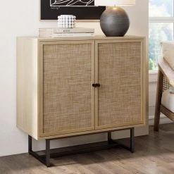 US Pride Furniture Shop 21 Kova Light Oak/Black Accent Cabinet Natural Cane Rattan Doors with Black Metal Base and Adjustable Shelf by Nathan James