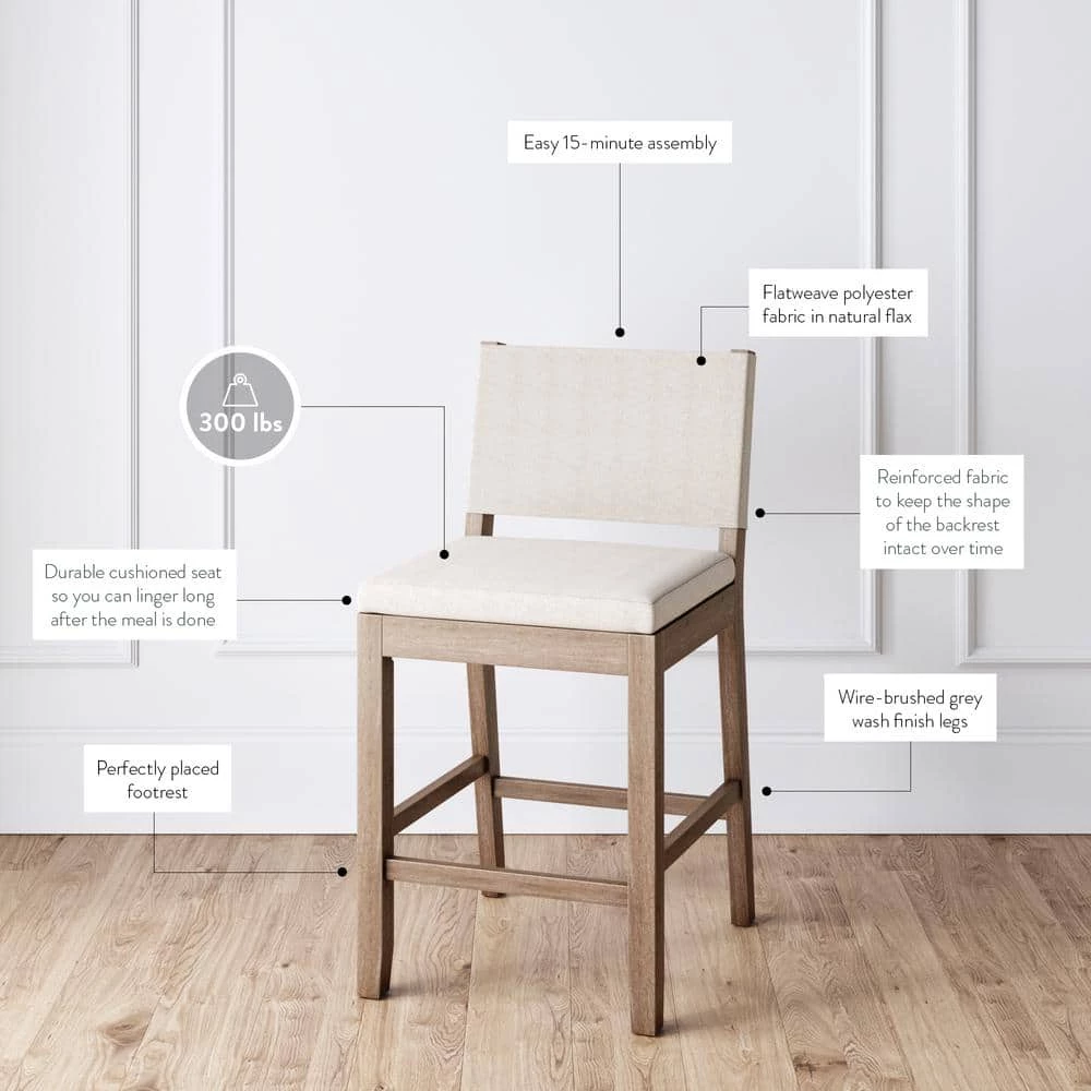 Linus 36 in. Natural Flax/Brown Upholstered Counter Height with Back Solid Rubberwood Wire-Brushed Gray Legs Bar Stool by Nathan James 5 Linus 36 in. Natural Flax/Brown Upholstered Counter Height with Back Solid Rubberwood Wire-Brushed Gray Legs Bar Stool by Nathan James - Image 4