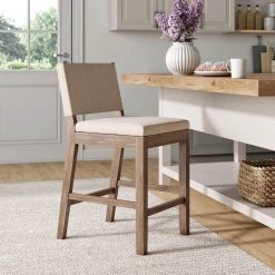 Linus 36 in. Natural Flax/Brown Upholstered Counter Height with Back Solid Rubberwood Wire-Brushed Gray Legs Bar Stool by Nathan James
