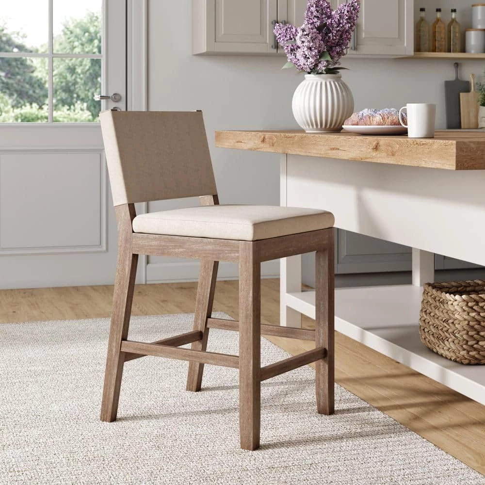 Linus 36 in. Natural Flax/Brown Upholstered Counter Height with Back Solid Rubberwood Wire-Brushed Gray Legs Bar Stool by Nathan James 2 Linus 36 in. Natural Flax/Brown Upholstered Counter Height with Back Solid Rubberwood Wire-Brushed Gray Legs Bar Stool by Nathan James