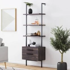 Theo Warm Nutmeg Wood and Black Steel Frame Bookcase or Bookshelf with 2 Drawers by Nathan James