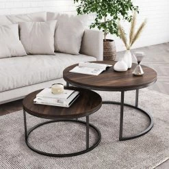 Stella 2-Piece 32 in. Black/Nutmeg Medium Round Wood Coffee Table Set with Nesting Tables by Nathan James