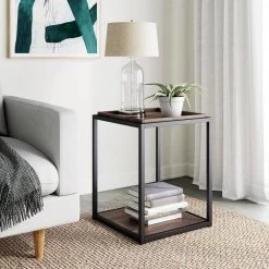 Nash 22 in. Nutmeg Matte Black Accent End Table or Modern Side Table with Tray Top Shelves and Metal Frame by Nathan James