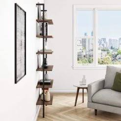 Theo 85 in. Matte Black Reclaimed Oak Wood 6-Shelf Wall Mount Ladder Bookcase with Matte Black Metal Frame by Nathan James -US Pride Furniture Shop oak black nathan james bookcases bookshelves 65607 31 1000