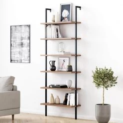 Theo 85 in. Matte Black Reclaimed Oak Wood 6-Shelf Wall Mount Ladder Bookcase with Matte Black Metal Frame by Nathan James