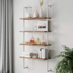 Theo Rustic Oak 64 in. 4-Shelf Wood Floating Wall Mount Shelves Bookcase and White Pipe Metal Frame by Nathan James