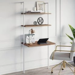 Theo Rustic Oak and White 2-Shelf Wall-Mount Ladder Writing Desk Table Small Computer Table Bookcase by Nathan James