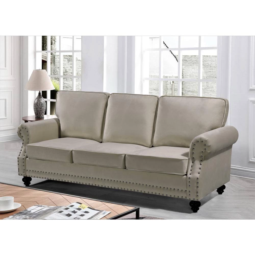 Ramos Beige Nailhead Velvet Sofa by US Pride Furniture 4 Ramos Beige Nailhead Velvet Sofa by US Pride Furniture - Image 2
