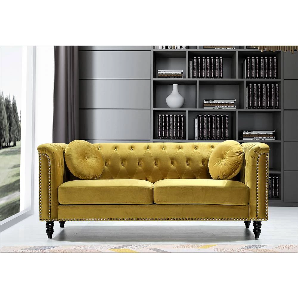 Vivian Strong Yellow Classic Velvet Kittleson Nailhead Chesterfield Sofa by US Pride Furniture 6 Vivian Strong Yellow Classic Velvet Kittleson Nailhead Chesterfield Sofa by US Pride Furniture - Image 4