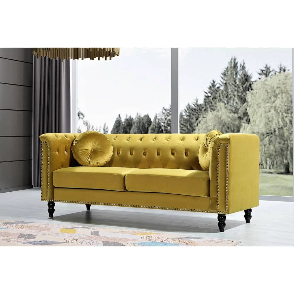 Vivian Strong Yellow Classic Velvet Kittleson Nailhead Chesterfield Sofa by US Pride Furniture 4 Vivian Strong Yellow Classic Velvet Kittleson Nailhead Chesterfield Sofa by US Pride Furniture - Image 2