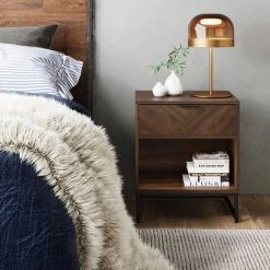 Kensi 19 in. Walnut Rustic Nightstand Side Table Black Matte Metal Base with Cubby for Storage and Drawer by Nathan James -US Pride Furniture Shop walnut black nathan james nightstands 33802 31 1000