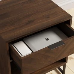 Kensi 19 in. Walnut Rustic Nightstand Side Table Black Matte Metal Base with Cubby for Storage and Drawer by Nathan James -US Pride Furniture Shop walnut black nathan james nightstands 33802 44 1000