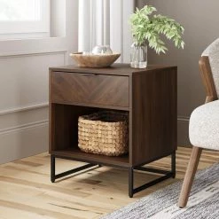 Kensi 19 in. Walnut Rustic Nightstand Side Table Black Matte Metal Base with Cubby for Storage and Drawer by Nathan James