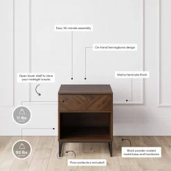 Kensi 19 in. Walnut Rustic Nightstand Side Table Black Matte Metal Base with Cubby for Storage and Drawer by Nathan James -US Pride Furniture Shop walnut black nathan james nightstands 33802 c3 1000