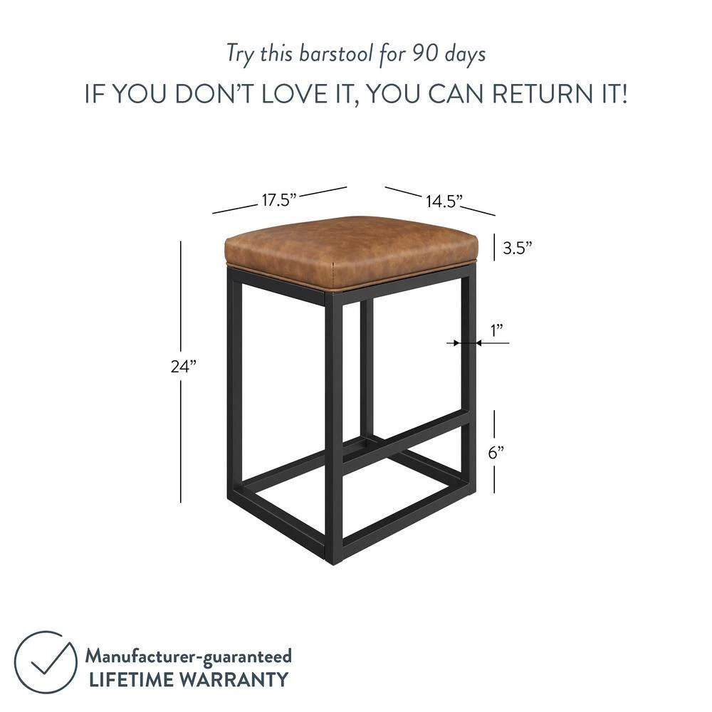 Nelson 24 in. Warm Brown Leather Cushion and Black Stainless Steel Frame Metal Bar Stool by Nathan James 7 Nelson 24 in. Warm Brown Leather Cushion and Black Stainless Steel Frame Metal Bar Stool by Nathan James - Image 5