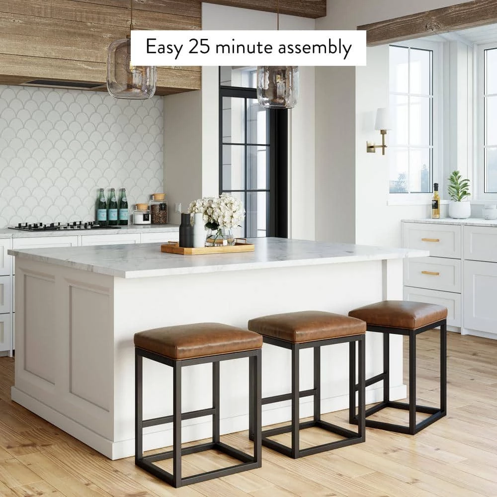 Nelson 24 in. Warm Brown Leather Cushion and Black Stainless Steel Frame Metal Bar Stool by Nathan James 9 Nelson 24 in. Warm Brown Leather Cushion and Black Stainless Steel Frame Metal Bar Stool by Nathan James - Image 7