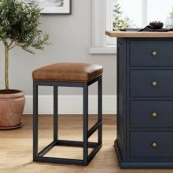 Nelson 24 in. Warm Brown Leather Cushion and Black Stainless Steel Frame Metal Bar Stool by Nathan James