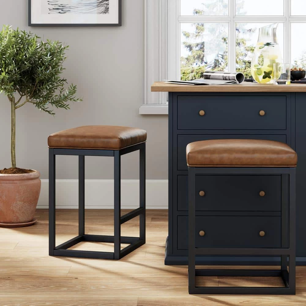 Nelson 24 in. Warm Brown Leather Cushion and Black Stainless Steel Frame Metal Bar Stool by Nathan James 5 Nelson 24 in. Warm Brown Leather Cushion and Black Stainless Steel Frame Metal Bar Stool by Nathan James - Image 3