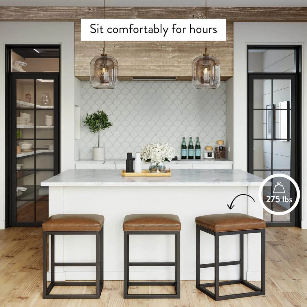 Nelson 24 in. Warm Brown Leather Cushion and Black Stainless Steel Frame Metal Bar Stool by Nathan James 4 Nelson 24 in. Warm Brown Leather Cushion and Black Stainless Steel Frame Metal Bar Stool by Nathan James - Image 2