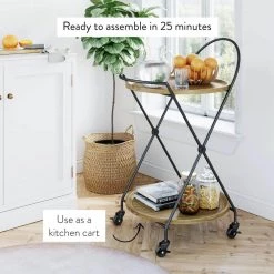 Sage 2-Tier Warm Walnut Tray and Black Metal Round Mid-Century Rolling Bar Cart or Serving Cart by Nathan James -US Pride Furniture Shop warm walnut black nathan james bar carts 45302 44 1000