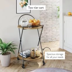 Sage 2-Tier Warm Walnut Tray and Black Metal Round Mid-Century Rolling Bar Cart or Serving Cart by Nathan James -US Pride Furniture Shop warm walnut black nathan james bar carts 45302 fa 1000