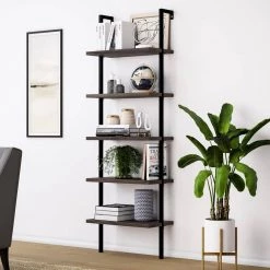 Theo Dark Walnut Brown 5-Shelf Ladder Bookcase or Bookshelf with Black Metal Frame by Nathan James