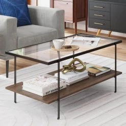 Asher 39 in. Warm Walnut/Black Mid-Century Rectangle Glass Coffee Table with Walnut Floating Shelf and Black Metal Legs by Nathan James -US Pride Furniture Shop warm walnut black nathan james coffee tables 31202 31 1000