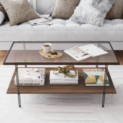 Asher 39 in. Warm Walnut/Black Mid-Century Rectangle Glass Coffee Table with Walnut Floating Shelf and Black Metal Legs by Nathan James