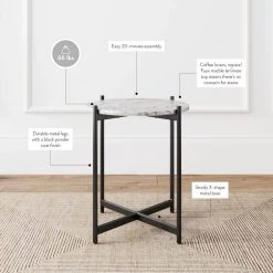 Roland White/Black Modern White Faux Marble Round Accent Side Table with X-Shaped Metal Base End Table by Nathan James -US Pride Furniture Shop white black nathan james end side tables 30501 4f 1000