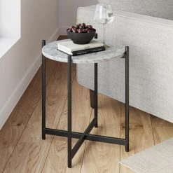 Roland White/Black Modern White Faux Marble Round Accent Side Table with X-Shaped Metal Base End Table by Nathan James