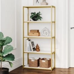 Oscar 59 in. White/Gold Brass Wood and Metal 5-Shelf Modern Etagere Bookcase with Storage Shelves by Nathan James