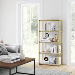 Oscar 59 in. White/Gold Brass Wood and Metal 5-Shelf Modern Etagere Bookcase with Storage Shelves by Nathan James -US Pride Furniture Shop white gold brass nathan james bookcases bookshelves 61102 76 1000