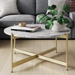 Piper 36 in. White/Gold Medium Round Faux Marble Coffee Table by Nathan James