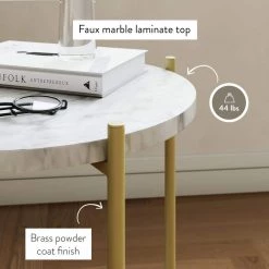 Alexis White Faux Marble with Gold Brass Metal Frame Round End Side Table by Nathan James -US Pride Furniture Shop white gold nathan james end side tables 32301 44 1000