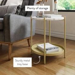 Alexis White Faux Marble with Gold Brass Metal Frame Round End Side Table by Nathan James -US Pride Furniture Shop white gold nathan james end side tables 32301 4f 1000